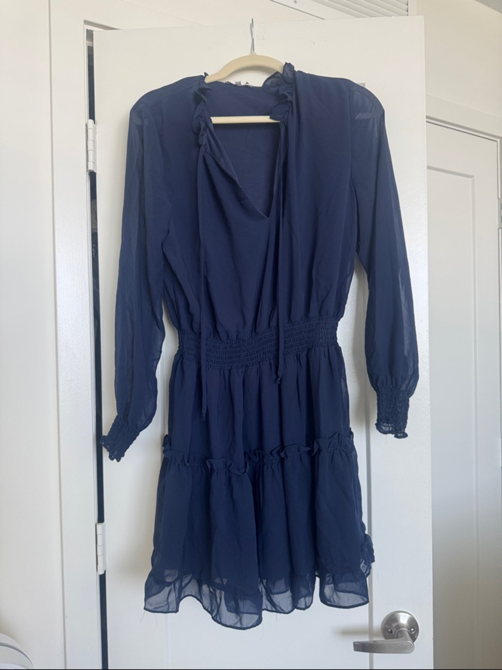NSR Navy Long-Sleeve Tiered Ruffle Dress